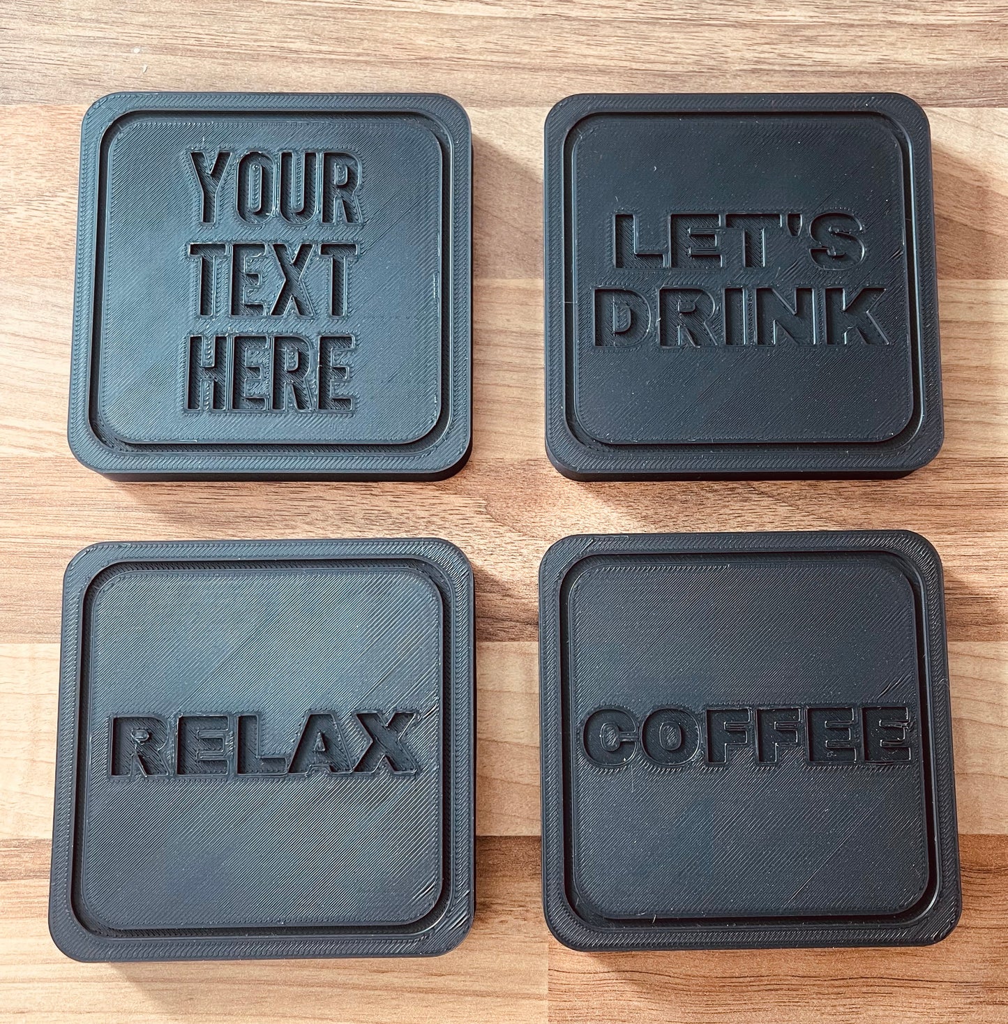 Personalised 3D Printed Coaster Set – Custom Text, Square Drinks Coasters, Modern Minimal Design, Gift for Home, Bar, or Office