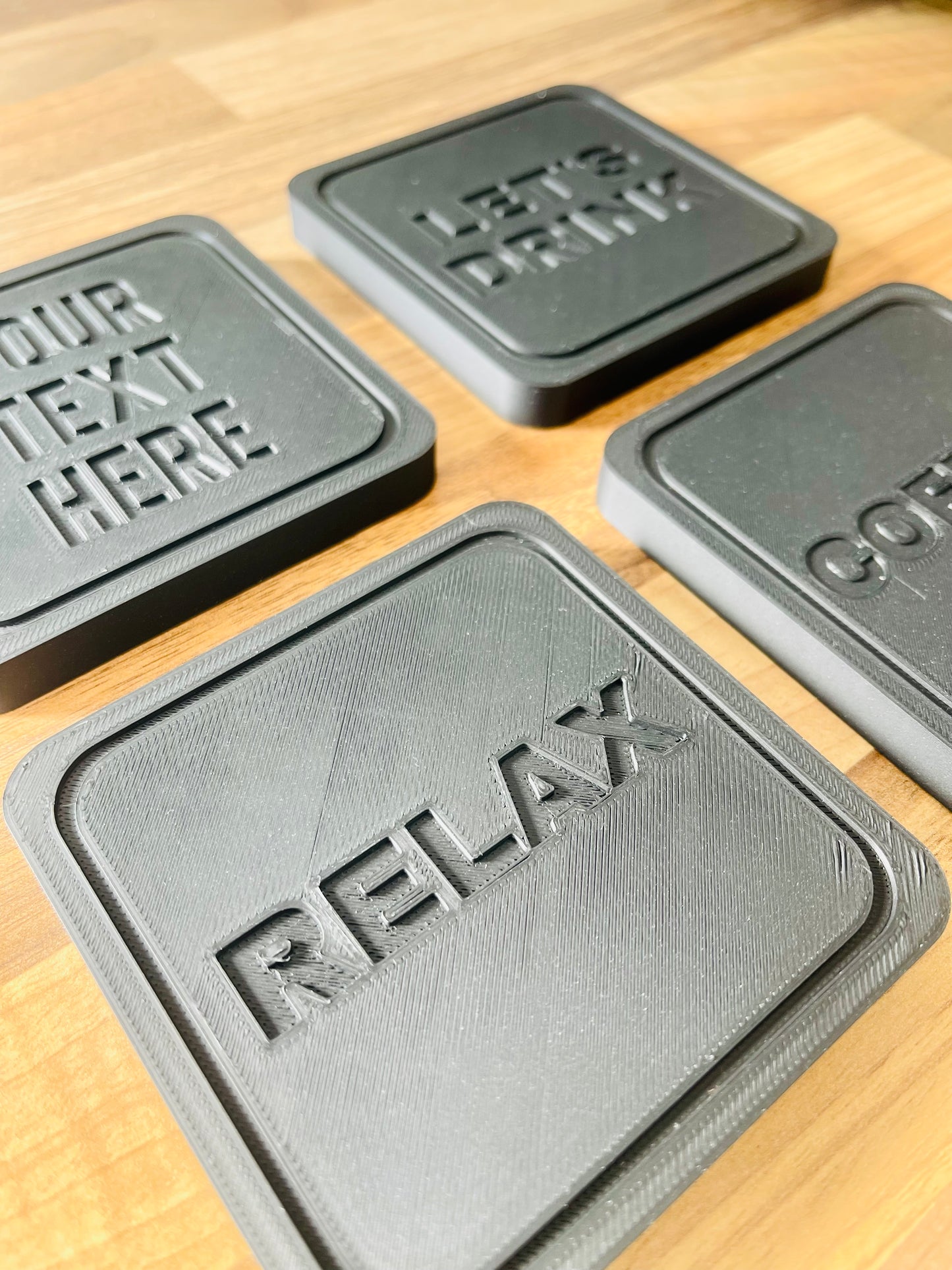 Personalised 3D Printed Coaster Set – Custom Text, Square Drinks Coasters, Modern Minimal Design, Gift for Home, Bar, or Office