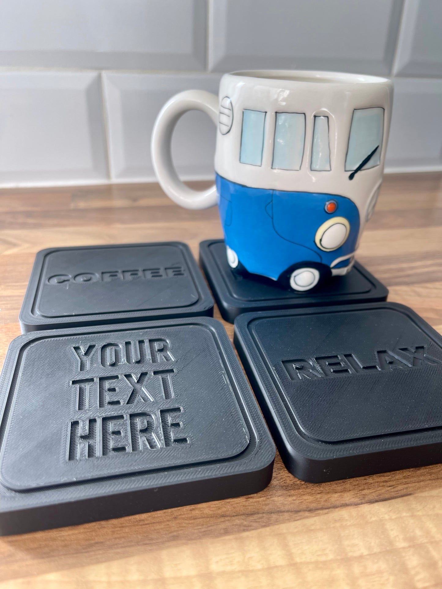 Personalised 3D Printed Coaster Set – Custom Text, Square Drinks Coasters, Modern Minimal Design, Gift for Home, Bar, or Office