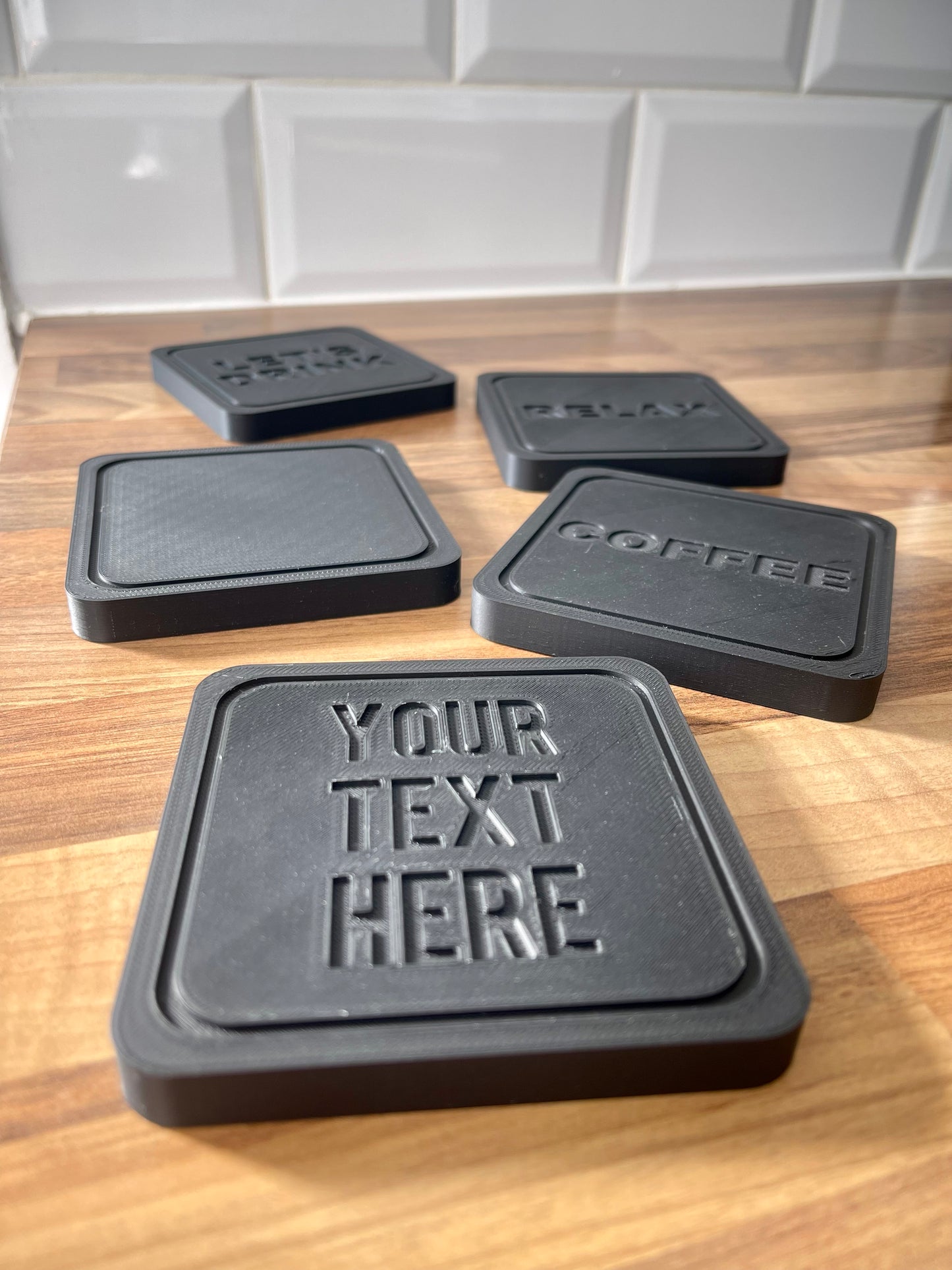 Personalised 3D Printed Coaster Set – Custom Text, Square Drinks Coasters, Modern Minimal Design, Gift for Home, Bar, or Office