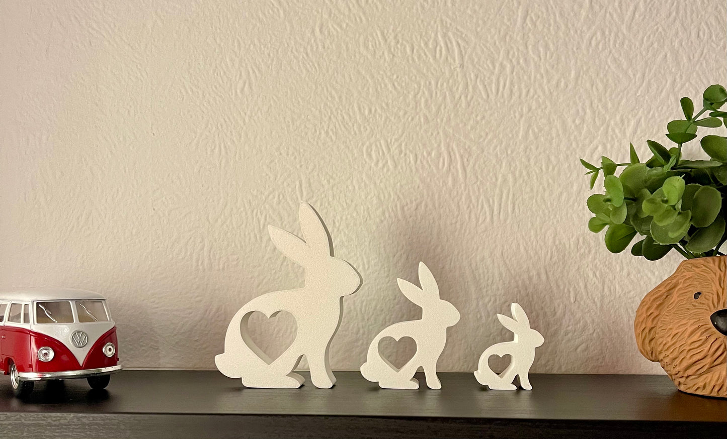 3D Printed Bunny Family Decor β Minimalist Rabbit Shelf Set with Heart Cutouts β Easter, Nursery or Spring Decoration