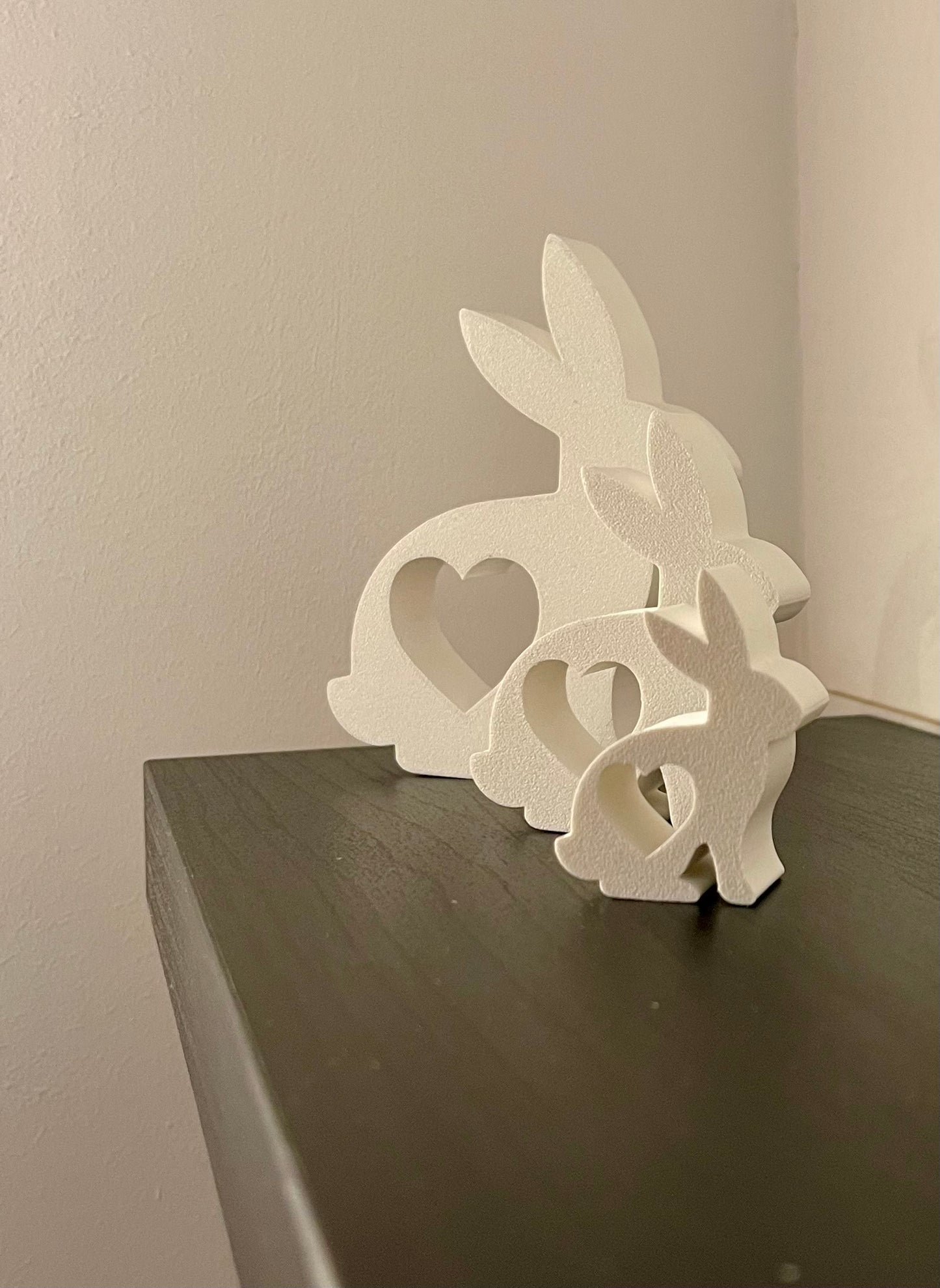 3D Printed Bunny Family Decor β Minimalist Rabbit Shelf Set with Heart Cutouts β Easter, Nursery or Spring Decoration
