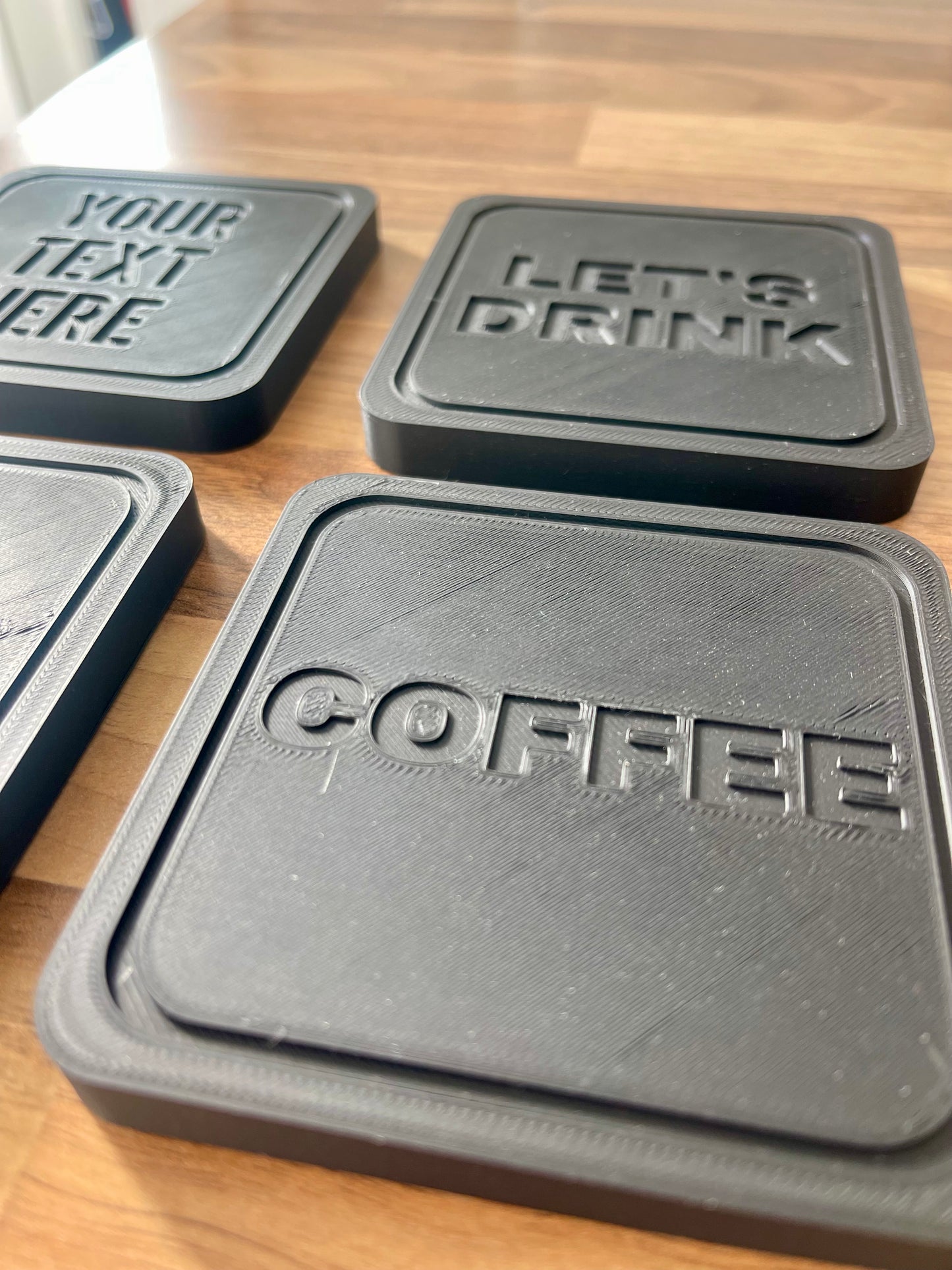 Personalised 3D Printed Coaster Set – Custom Text, Square Drinks Coasters, Modern Minimal Design, Gift for Home, Bar, or Office