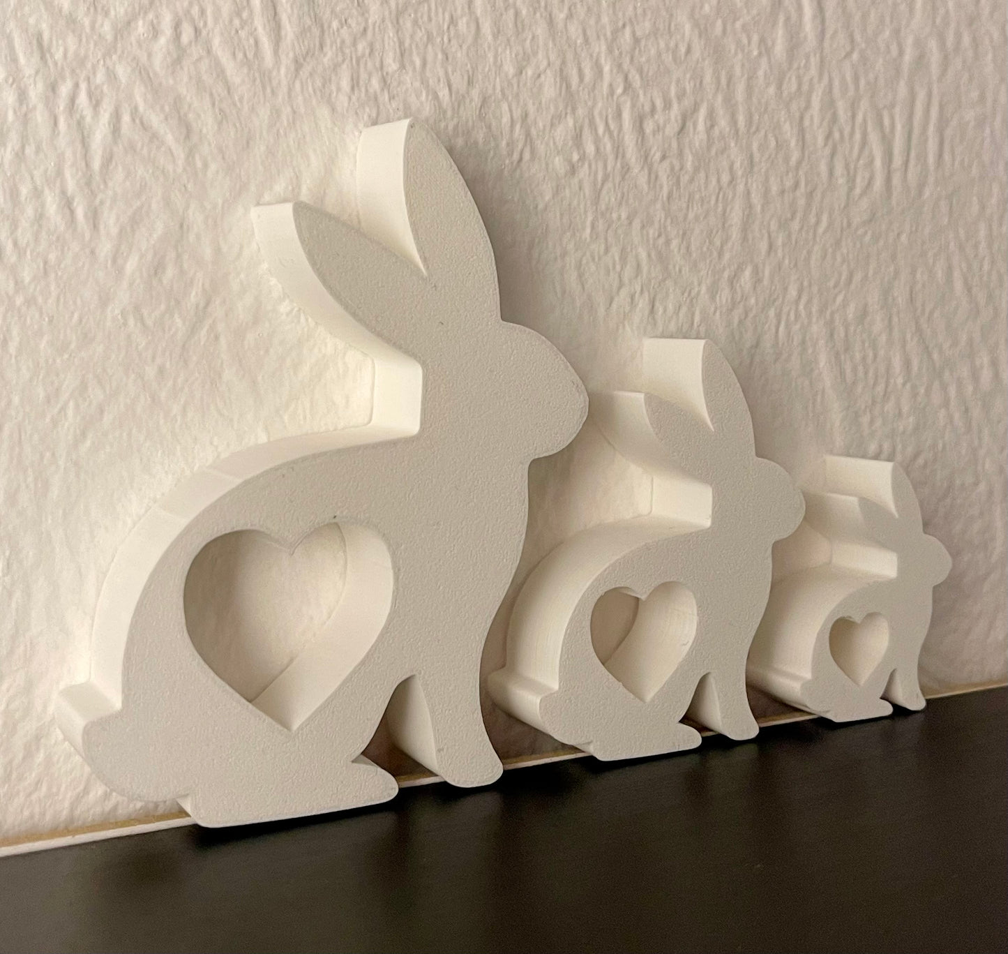 3D Printed Bunny Family Decor β Minimalist Rabbit Shelf Set with Heart Cutouts β Easter, Nursery or Spring Decoration