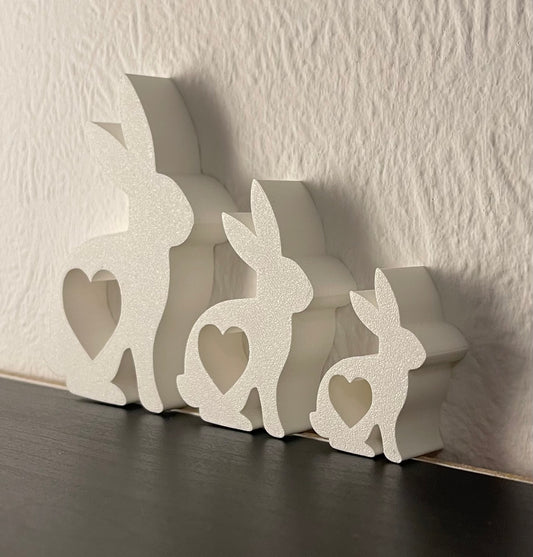 3D Printed Bunny Family Decor – Minimalist Rabbit Shelf Set with Heart Cutouts – Easter, Nursery or Spring Decoration