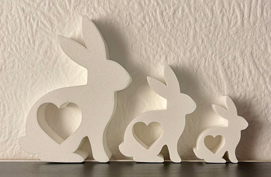 3D Printed Bunny Family Decor – Minimalist Rabbit Shelf Set with Heart Cutouts – Easter, Nursery or Spring Decoration